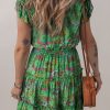 Women's Vibrant Green Floral Tie Split Neck Ruffled Tiered Short Dress - Image 4