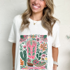 Women's White Western Boot Flower Print Crew Neck Loose Tee - Image 6