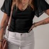 Women's Black Mesh Ruffled Sleeve Slim Fit V Neck Top - Elegant and Stylish - Image 5