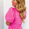 Stylish Strawberry Pink Casual Round Neck Bubble Sleeve T-Shirt for Women - Image 2