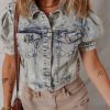 Women's Beau Blue Light Wash Puff Sleeve Denim Jacket with Buttoned Chest Pockets - Image 7