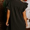 Women's Elegant Black Frilled V Neck Pleated Ruffle Detail Short Shift Dress - Image 2