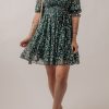 Women's Green Smocked Square Neck Puff Short Sleeve Floral Mini Dress - Image 5