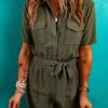 Women's Moss Green Half Button Belted Utility Short Sleeve Jumpsuit - Image 5