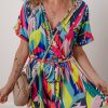 Women's Multicolour Tropical Printed Surplice Neck Tie Waist Romper for Summer Vacation - Image 6