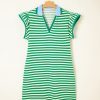 Women's Green Stripe Print Contrast Collar Split Neck Flutter Sleeve Short Dress - Image 5