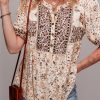 Women's Khaki Boho Floral Print Loose Blouse with Half Placket and Short Sleeves - Image 7