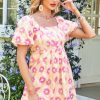 Women's Rose Vibrant Floral Square Neck Puff Sleeve Pleated Flared Midi Dress for Summer - Image 6