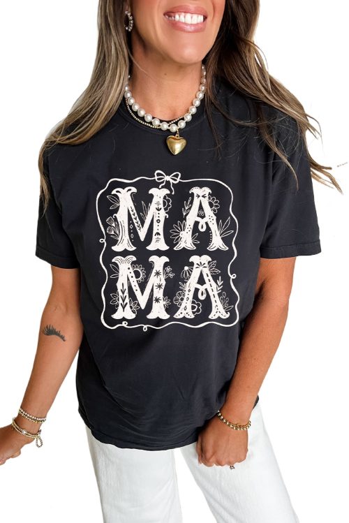 Women's Black MAMA Artistic Graphic Tee - Casual Short Sleeve T-Shirt