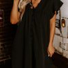 Women's Elegant Black Frilled V Neck Pleated Ruffle Detail Short Shift Dress - Image 4