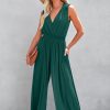 Elegant Blackish Green Deep V Pleated Crisscross Wide Leg Backless Jumpsuit for Women - Image 5