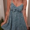 Women's Blue Floral Print Spaghetti Strap Knot Detail High Waist Flared Mini Dress - Image 6