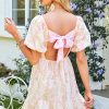Women's Pink Floral Puff Sleeve Mini Dress with Square Neck and Open Back - Image 2