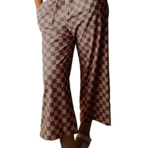 Women's Khaki Checkered High Waist Loose Casual Pants - Trendy Wide Leg Style