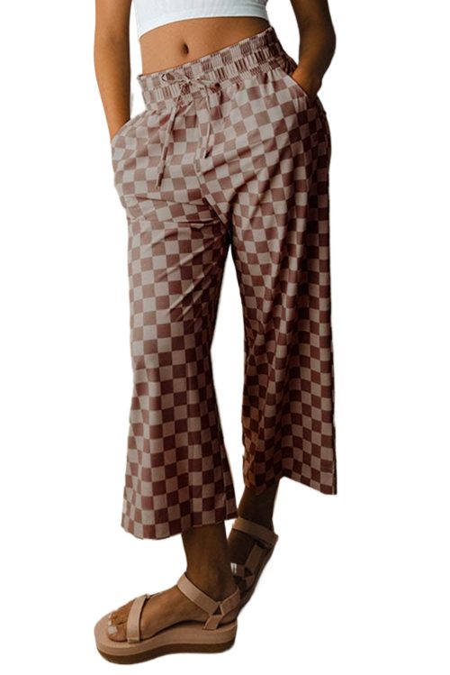 Women's Khaki Checkered High Waist Loose Casual Pants - Trendy Wide Leg Style