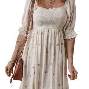 Women's Beige Embroidered Flower Smocked Bust A-Line Dress with Half Puff Sleeves