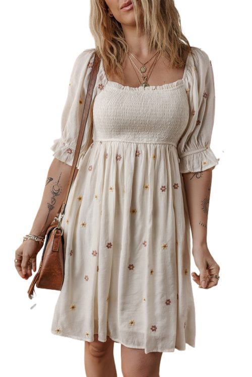 Women's Beige Embroidered Flower Smocked Bust A-Line Dress with Half Puff Sleeves