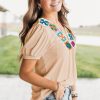 Women's Pale Chestnut Crochet Floral V Neck Textured Short Sleeve Blouse - Image 2