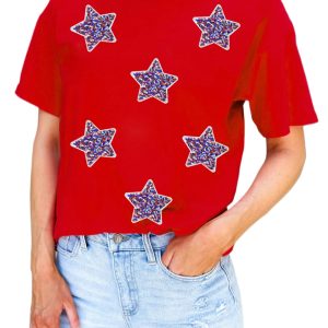 Women's Red July 4th Sequin Star Graphic T-Shirt for Independence Day