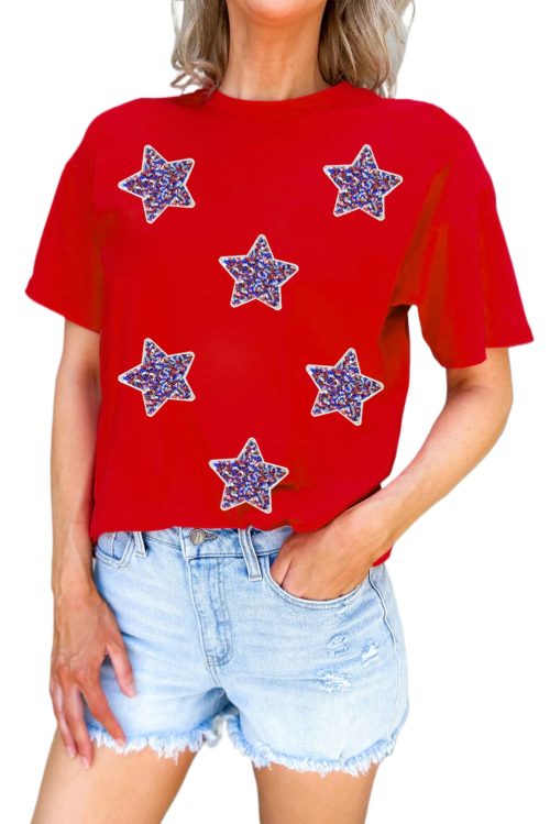 Women's Red July 4th Sequin Star Graphic T-Shirt for Independence Day