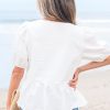 Elegant Women's White Bow Knot Decor Square Neck Puff Sleeve Peplum Top - Image 2