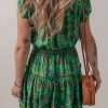 Women's Vibrant Green Floral Tie Split Neck Ruffled Tiered Short Dress - Image 3