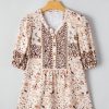 Women's Khaki Boho Floral Print Loose Blouse with Half Placket and Short Sleeves - Image 9
