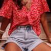 Women's Red Boho Floral Printed Half Sleeve Knotted V Neck Blouse for Trendy Summer Style - Image 4
