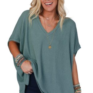 Women's Moonlight Jade Oversized Ribbed Knit V Neck Dolman Short Sleeve Top