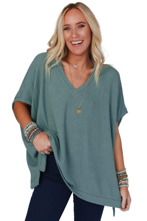Women's Moonlight Jade Oversized Ribbed Knit V Neck Dolman Short Sleeve Top