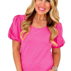 Stylish Strawberry Pink Casual Round Neck Bubble Sleeve T-Shirt for Women
