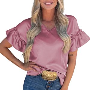 Women's Toadstool Satin Ruffle Sleeve Top - Elegant V Neck Casual Blouse
