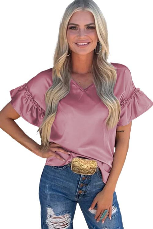 Women's Toadstool Satin Ruffle Sleeve Top - Elegant V Neck Casual Blouse