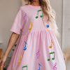 Light Pink Sequined Note Pattern Babydoll T-Shirt Dress for Music Festivals - Image 8
