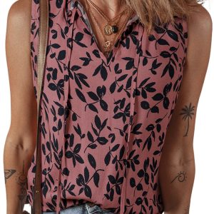 Women's Brown Leaf Print Lace-Up V Neck Crinkled Tank Top for Summer