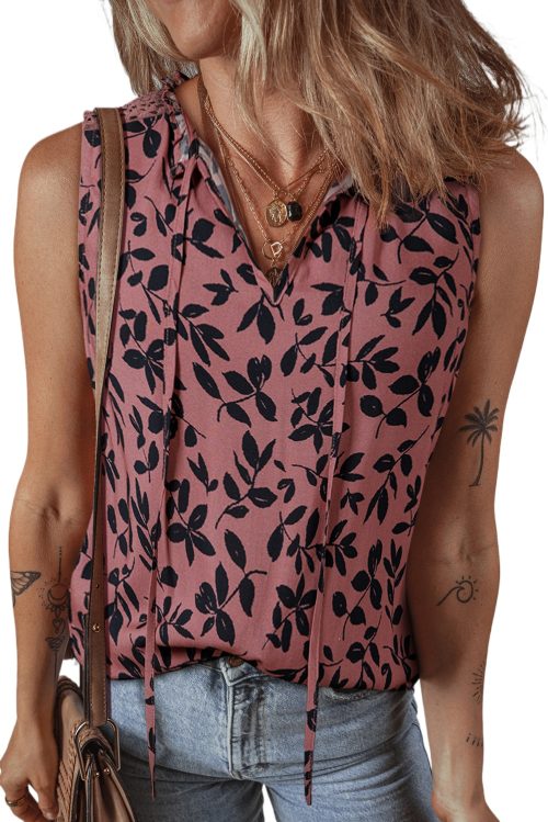 Women's Brown Leaf Print Lace-Up V Neck Crinkled Tank Top for Summer