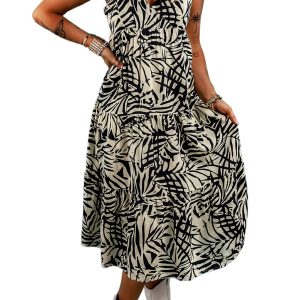Women's Khaki Tropical Palm Print Wrapped V Neck Spaghetti Straps Tiered Midi Dress