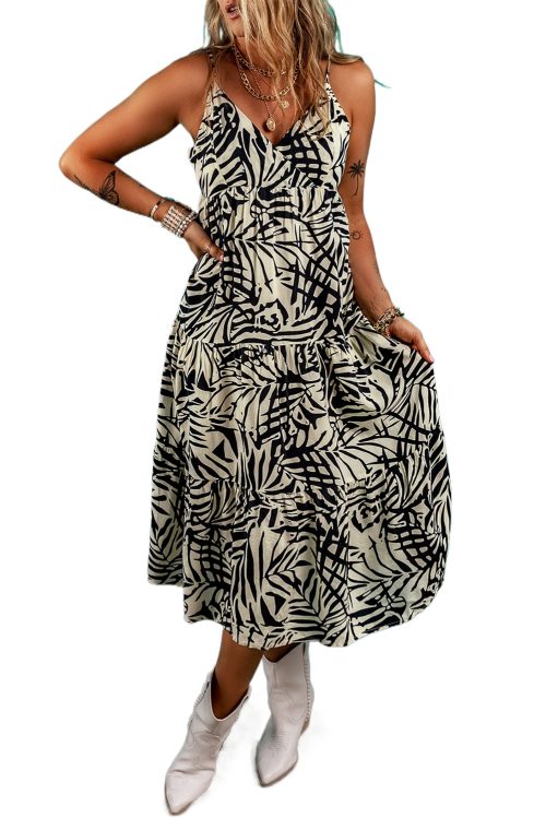 Women's Khaki Tropical Palm Print Wrapped V Neck Spaghetti Straps Tiered Midi Dress