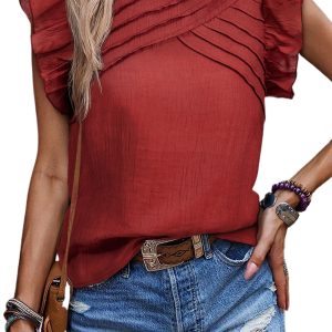 Women's Red Dahlia Solid Color Pleated Detail Ruffle Short Sleeve Blouse