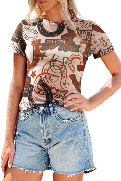 Women's Brown Western Horseshoe Printed Mesh T-Shirt - Stylish and Unique Design