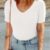 Women's Lightweight White V Neck Ribbed Knit Short Sleeve Sweater - Image 3