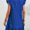 Women's Dark Blue Textured Flutter Sleeve Ruffled Mini Dress for Summer - Image 2