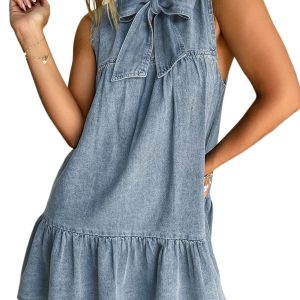 Women's Real Teal Bowknot Neck Sleeveless Ruffled Chambray Mini Dress