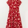 Women's Red Floral Print Midi Dress - Buttoned Front V Neck with Tiered Short Sleeves - Image 11