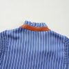 Women's Sky Blue Stripe Frilly Split Neck Shirred Ruffle Sleeve Mini Dress - Image 10