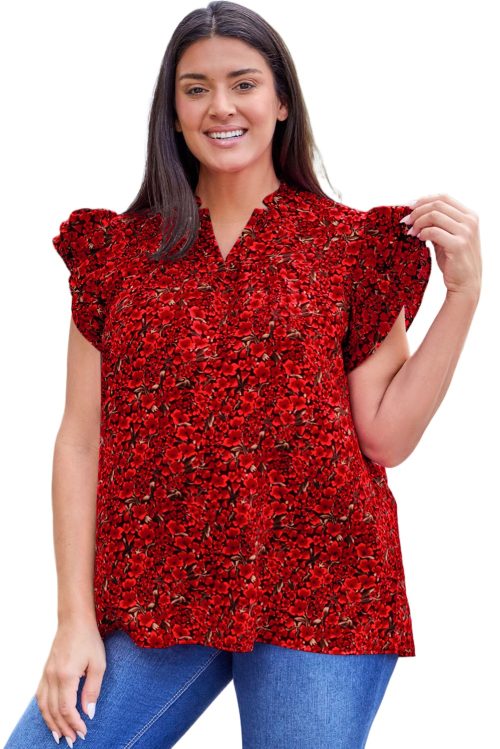 Fiery Red Floral Print Plus Size Shift Top with Ruffle Sleeves