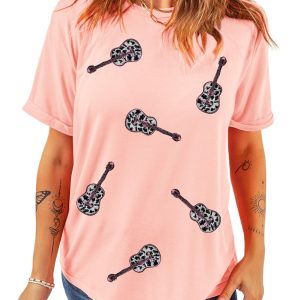 Chic Women's Pink Leopard Guitar Sequin Patch Crew Neck Tee
