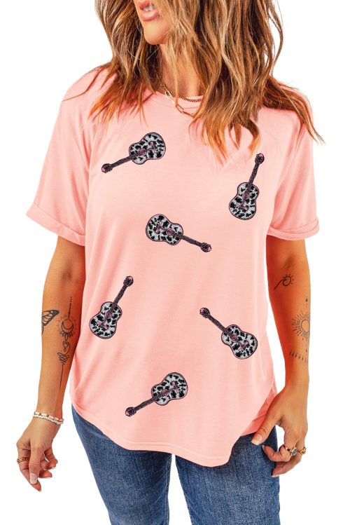 Chic Women's Pink Leopard Guitar Sequin Patch Crew Neck Tee