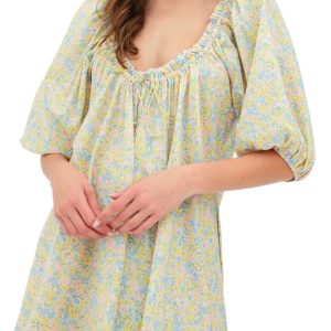 Women's Green Floral Half Sleeve Frilled U Neck A-Line Short Dress for Casual Outings