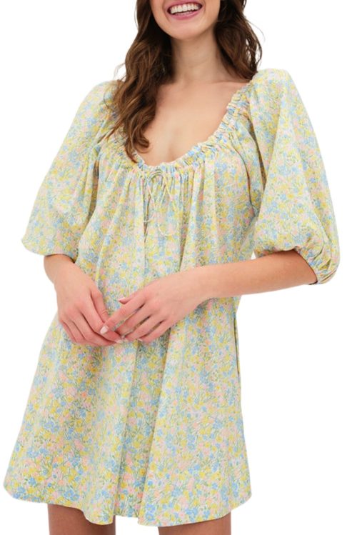 Women's Green Floral Half Sleeve Frilled U Neck A-Line Short Dress for Casual Outings
